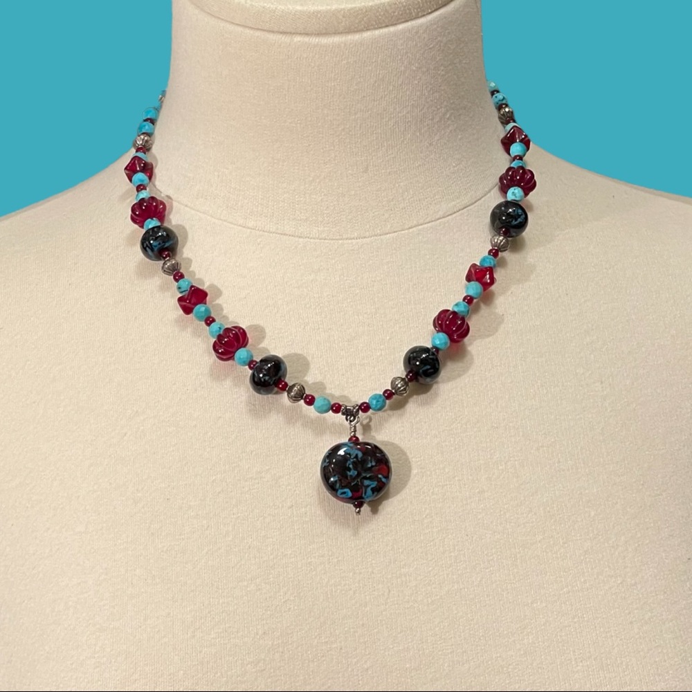 Handmade Lamp work Bead Necklace with Sterling Findings